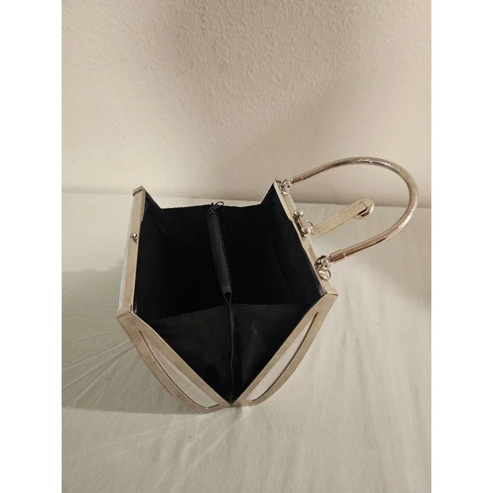 Silver Satin Evening Clutch Bag Rhinestone Greek Key Frame Formal Handbag